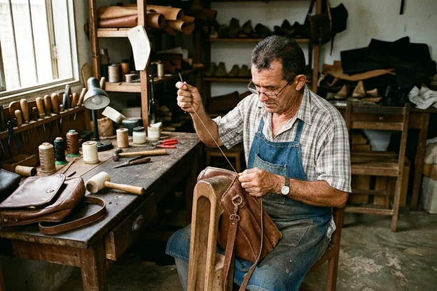 Sapateiro reformando uma bolsa de couro em Marituba.