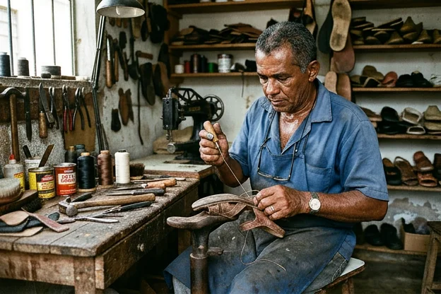 Sapateiro consertando uma sandália em Marituba.