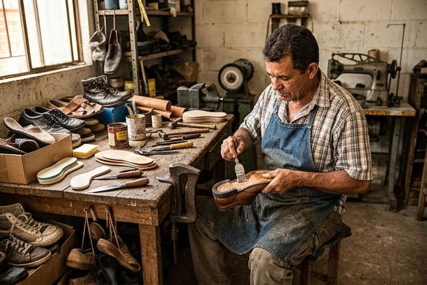 Sapateiro trocando palmilhas de calçado em Marituba.