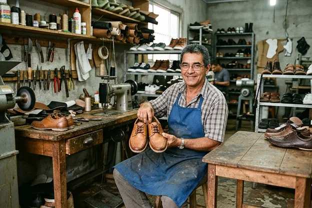 Sapateiro mostrando calçados modernos em Marituba.