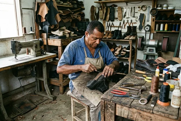 Sapateiro em Marituba utilizando equipamentos para reforma de calçados.
