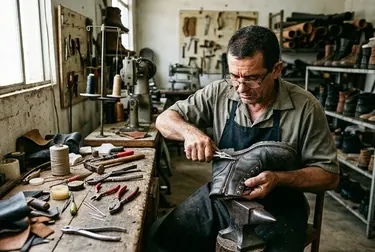 Sapateiro realizando o conserto de um zíper de bota em Marituba.