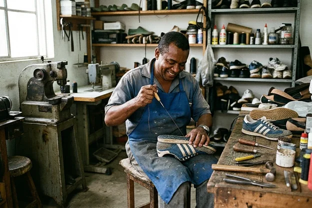 Sapateiro realizando reparo em um tênis em Marituba.