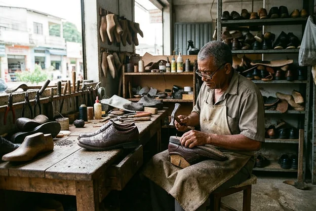 Sapateiro ajustando sapatos confortáveis em Marituba.